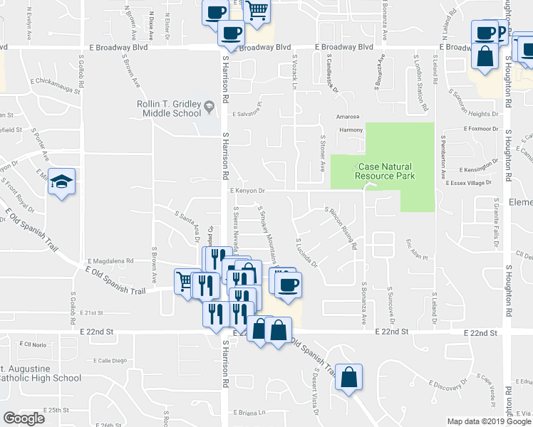map of restaurants, bars, coffee shops, grocery stores, and more near 711 South Smokey Mountains Road in Tucson
