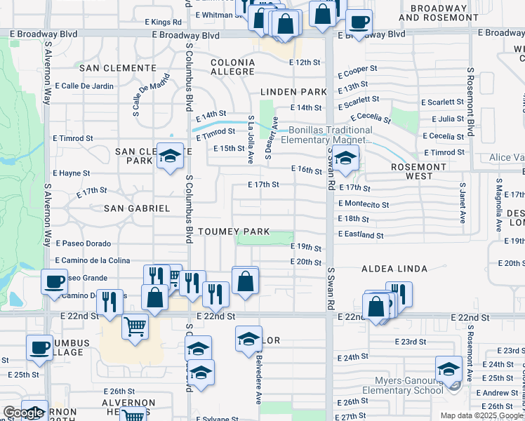 map of restaurants, bars, coffee shops, grocery stores, and more near 4503 E 18th St in Tucson