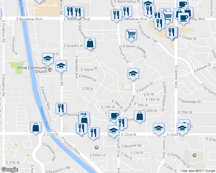 map of restaurants, bars, coffee shops, grocery stores, and more near 8231 East Kenyon Drive in Tucson