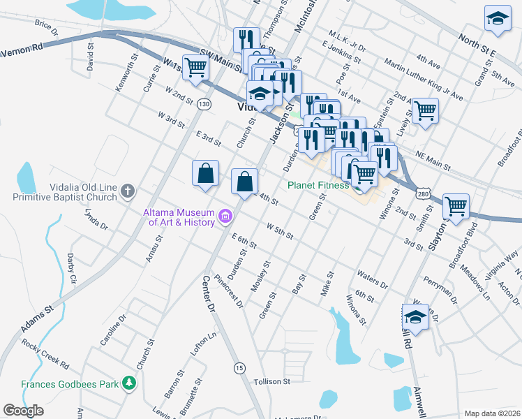 map of restaurants, bars, coffee shops, grocery stores, and more near 505 Durden Street in Vidalia