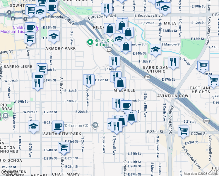 map of restaurants, bars, coffee shops, grocery stores, and more near 843 East 18th Street in Tucson