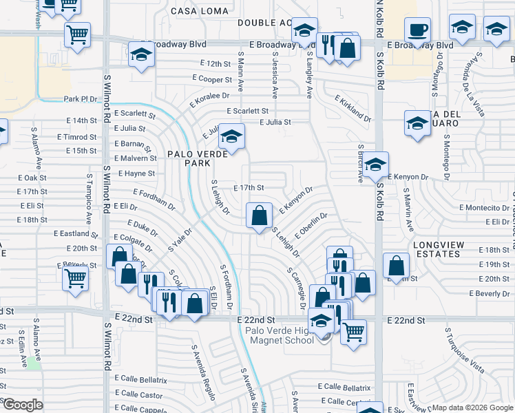 map of restaurants, bars, coffee shops, grocery stores, and more near 6728 East Montecito Drive in Tucson