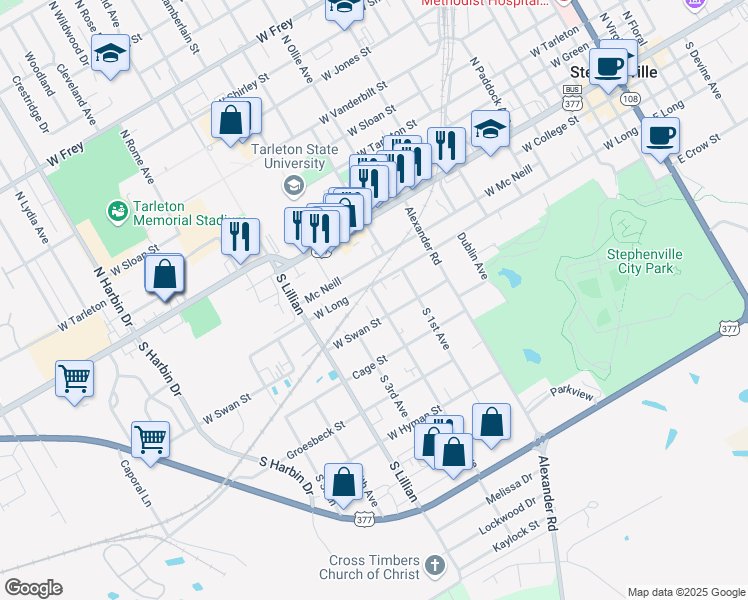 map of restaurants, bars, coffee shops, grocery stores, and more near 450 South 2nd Avenue in Stephenville