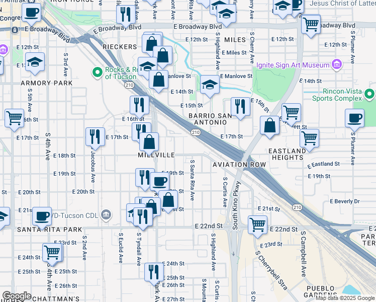 map of restaurants, bars, coffee shops, grocery stores, and more near 1055 East 18th Street in Tucson