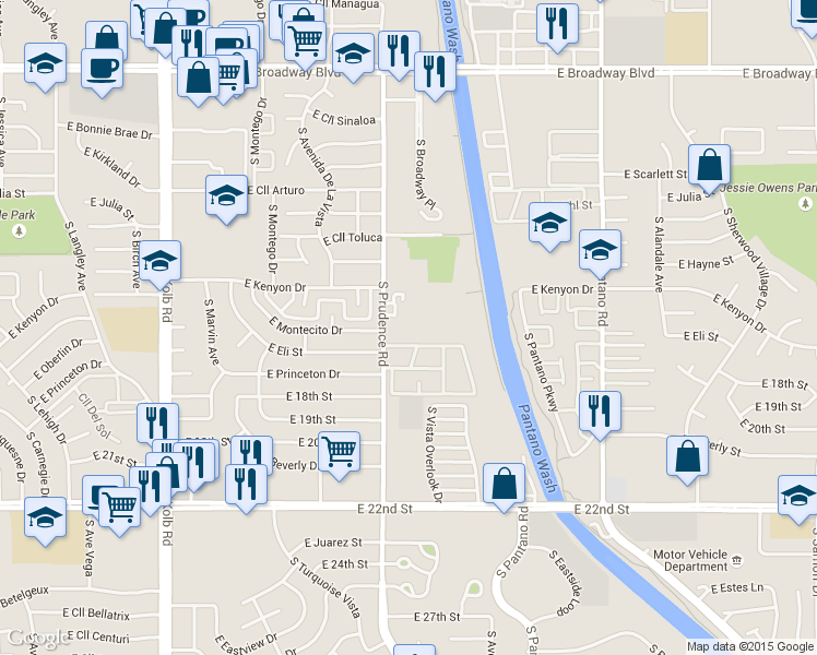 map of restaurants, bars, coffee shops, grocery stores, and more near 7433 East Calle Antigua in Tucson