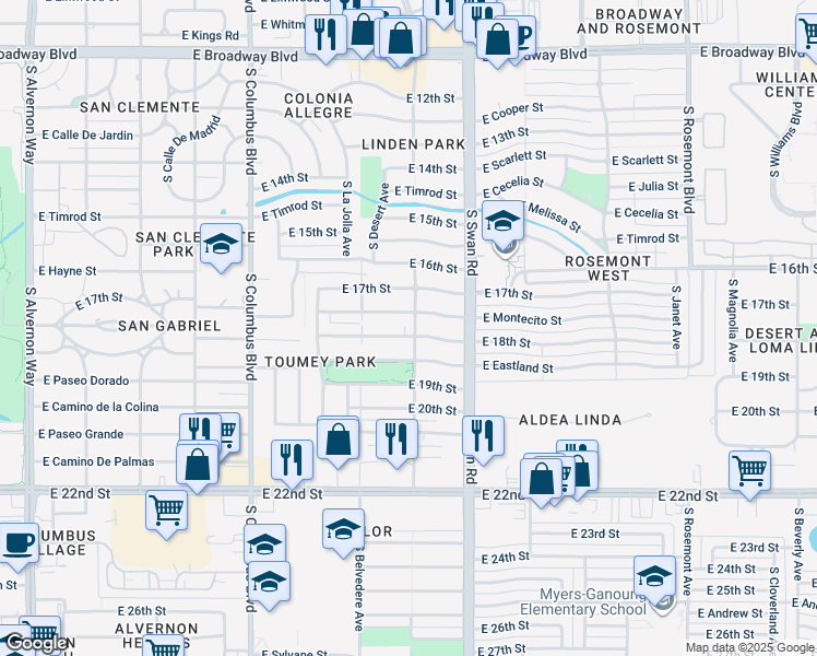map of restaurants, bars, coffee shops, grocery stores, and more near 4551 East 18th Street in Tucson