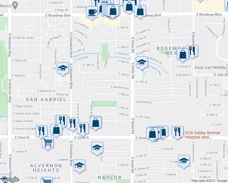 map of restaurants, bars, coffee shops, grocery stores, and more near 4551 East 18th Street in Tucson