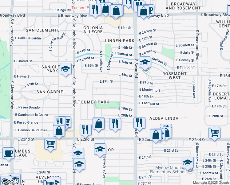 map of restaurants, bars, coffee shops, grocery stores, and more near 4551 East 18th Street in Tucson