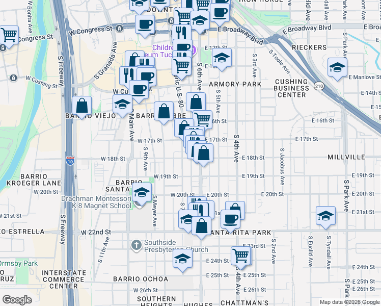 map of restaurants, bars, coffee shops, grocery stores, and more near 725 South 7th Avenue in Tucson