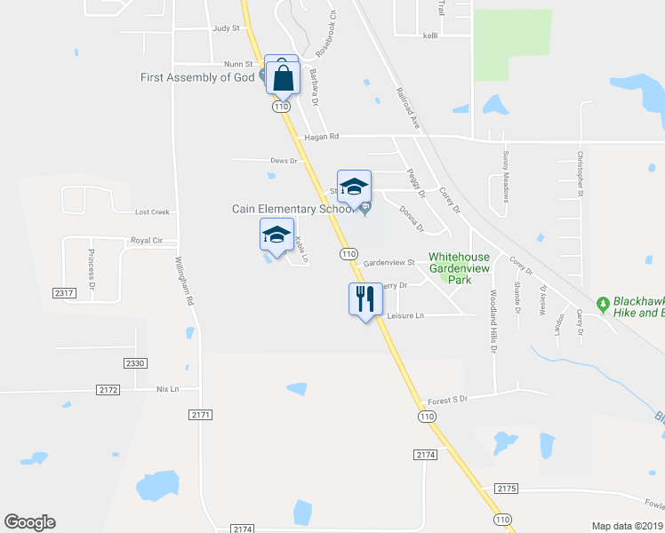 map of restaurants, bars, coffee shops, grocery stores, and more near 818 Texas 110 in Whitehouse