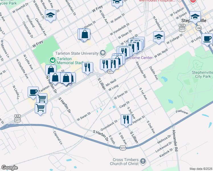 map of restaurants, bars, coffee shops, grocery stores, and more near 1490 West Mc Neill in Stephenville