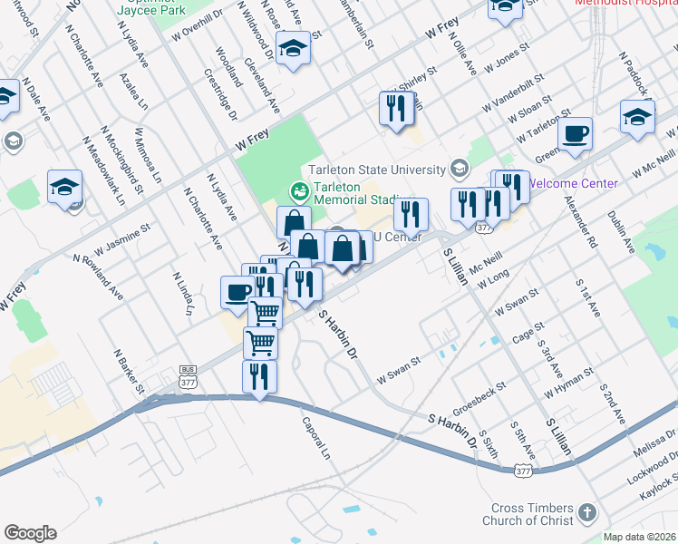 map of restaurants, bars, coffee shops, grocery stores, and more near 1928 West Turner Street in Stephenville