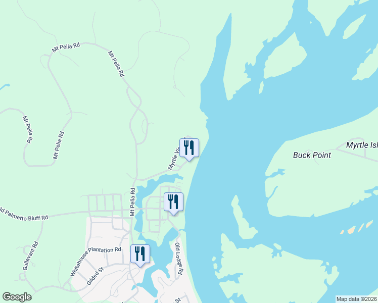map of restaurants, bars, coffee shops, grocery stores, and more near 80 Myrtle View Street in Bluffton
