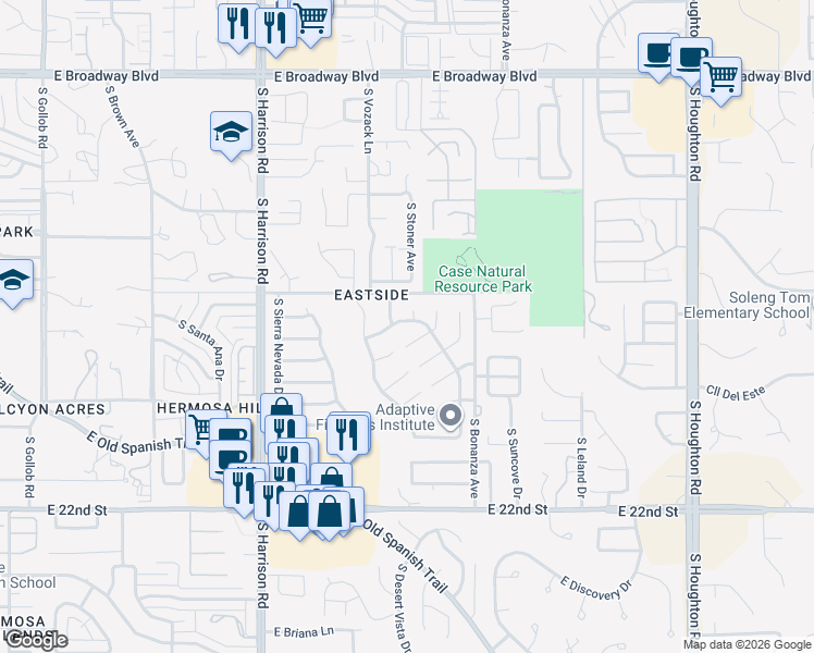 map of restaurants, bars, coffee shops, grocery stores, and more near 672 South Rincon Rising Road in Tucson
