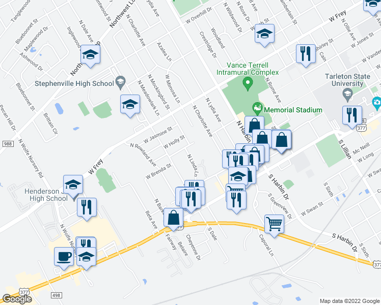 map of restaurants, bars, coffee shops, grocery stores, and more near 125 North Linda Lane in Stephenville