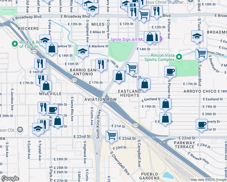 map of restaurants, bars, coffee shops, grocery stores, and more near 1603 East 18th Street in Tucson