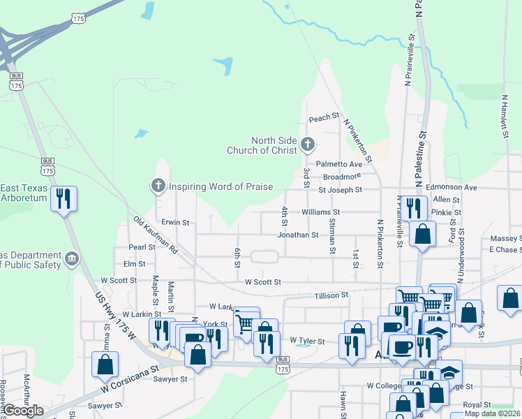 map of restaurants, bars, coffee shops, grocery stores, and more near 702 Williams Street in Athens