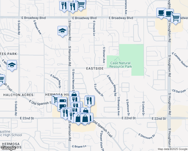 map of restaurants, bars, coffee shops, grocery stores, and more near 697 South Lucinda Drive in Tucson