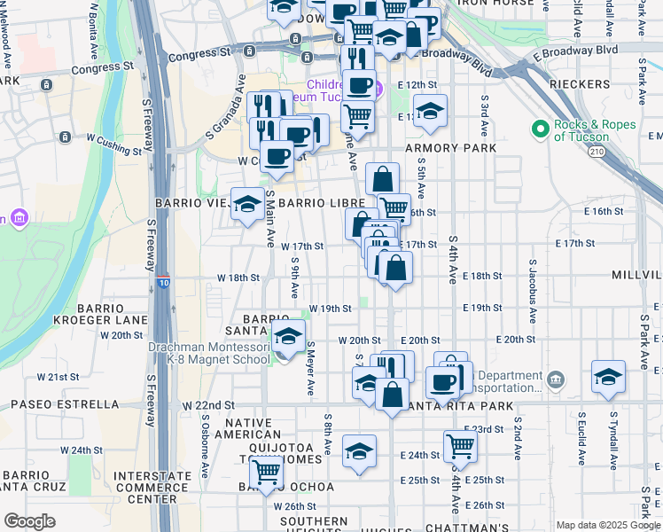 map of restaurants, bars, coffee shops, grocery stores, and more near 549 South Convent Avenue in Tucson