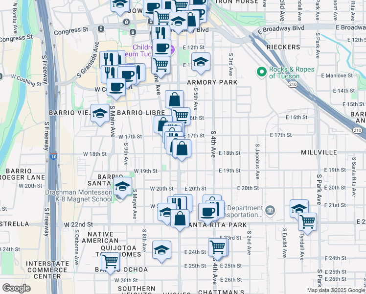 map of restaurants, bars, coffee shops, grocery stores, and more near 738 South 6th Avenue in Tucson