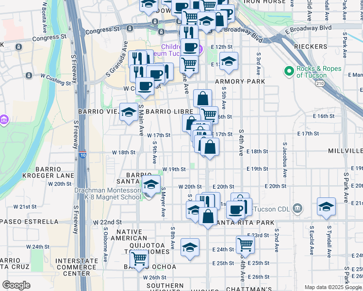map of restaurants, bars, coffee shops, grocery stores, and more near 549 South Convent Avenue in Tucson