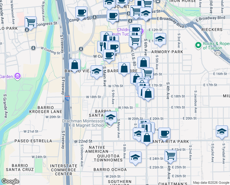 map of restaurants, bars, coffee shops, grocery stores, and more near 759 South 9th Avenue in Tucson