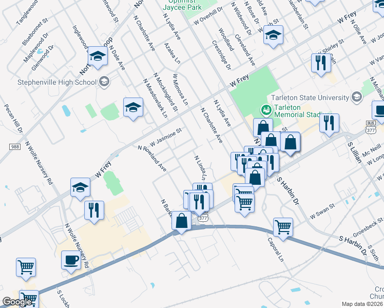 map of restaurants, bars, coffee shops, grocery stores, and more near 125 North Linda Lane in Stephenville