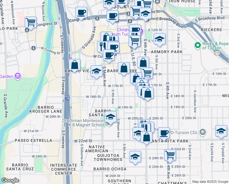 map of restaurants, bars, coffee shops, grocery stores, and more near 759 South 9th Avenue in Tucson