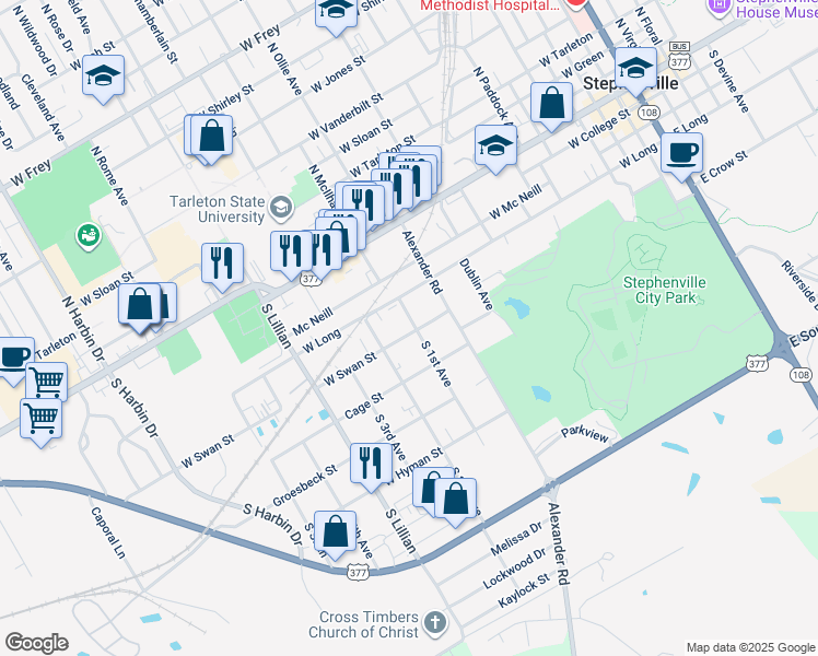 map of restaurants, bars, coffee shops, grocery stores, and more near 490 South 1st Avenue in Stephenville