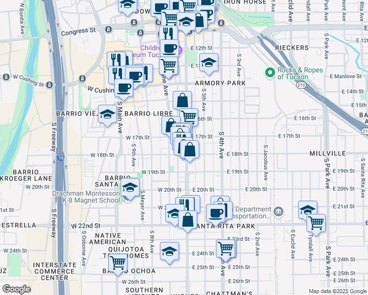 map of restaurants, bars, coffee shops, grocery stores, and more near 738 South 6th Avenue in Tucson