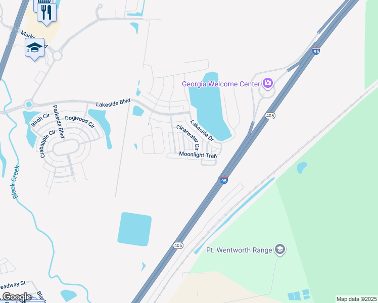 map of restaurants, bars, coffee shops, grocery stores, and more near 110 Moonlight Trail in Port Wentworth