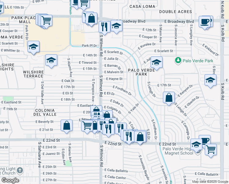 map of restaurants, bars, coffee shops, grocery stores, and more near 6401 East Eli Drive in Tucson