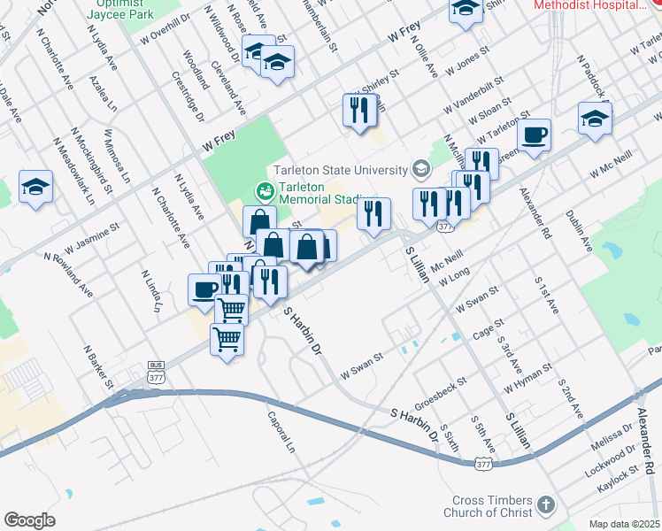 map of restaurants, bars, coffee shops, grocery stores, and more near 1871 West Washington Street in Stephenville