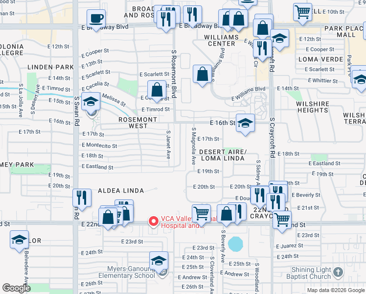 map of restaurants, bars, coffee shops, grocery stores, and more near 633 South Rosemont Avenue in Tucson