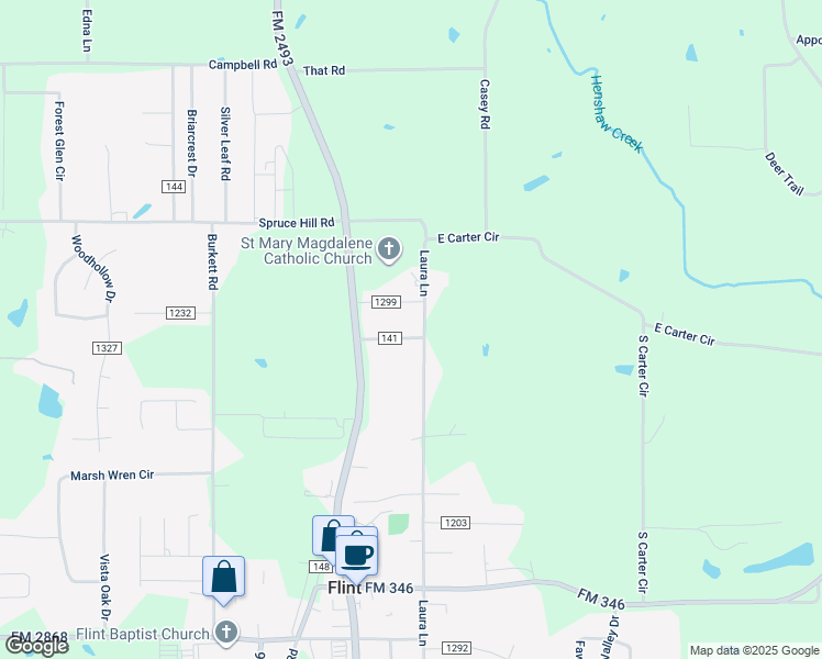 map of restaurants, bars, coffee shops, grocery stores, and more near 10704 County Road 141 in Flint