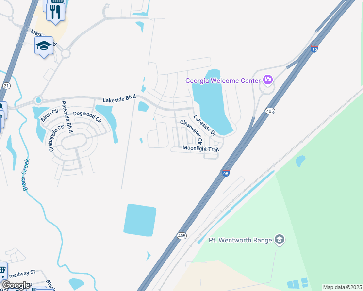 map of restaurants, bars, coffee shops, grocery stores, and more near 145 Moonlight Trail in Port Wentworth