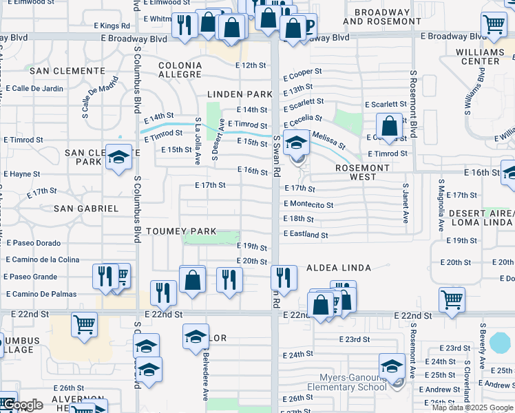 map of restaurants, bars, coffee shops, grocery stores, and more near 4628 East Montecito Street in Tucson