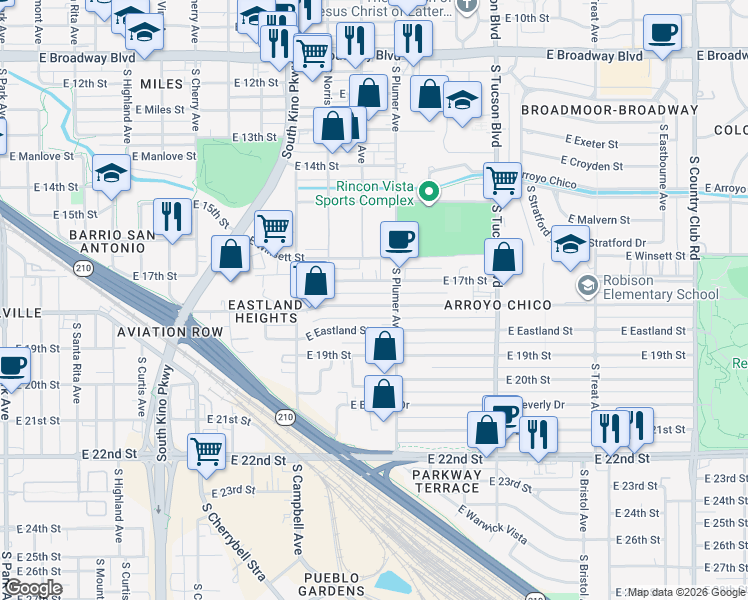 map of restaurants, bars, coffee shops, grocery stores, and more near 2131 East 18th Street in Tucson