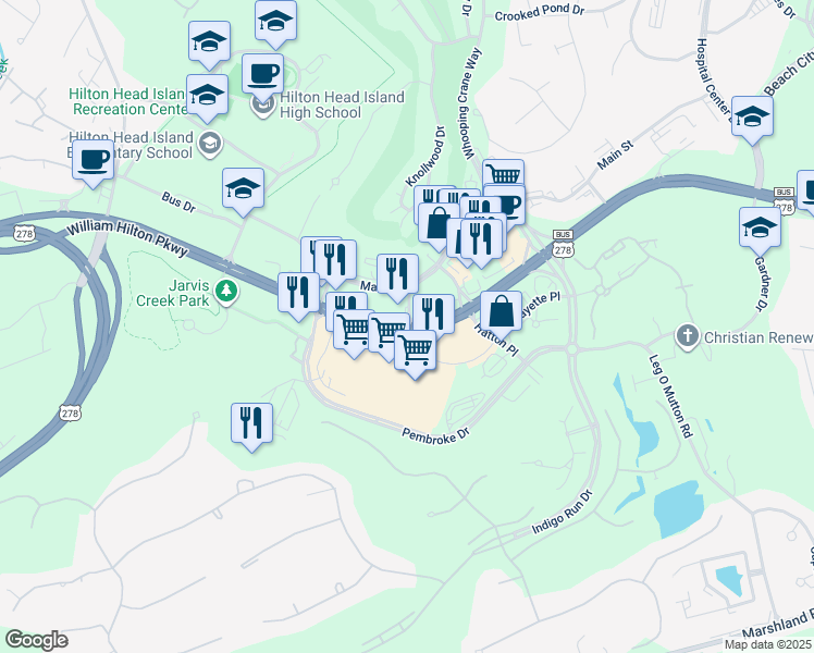 map of restaurants, bars, coffee shops, grocery stores, and more near 301 William Hilton Pkwy in Hilton Head Island