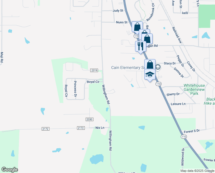 map of restaurants, bars, coffee shops, grocery stores, and more near 811 Willingham Road in Whitehouse