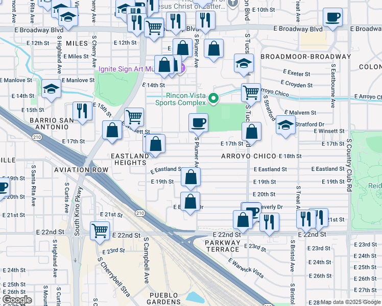 map of restaurants, bars, coffee shops, grocery stores, and more near 2131 East 18th Street in Tucson