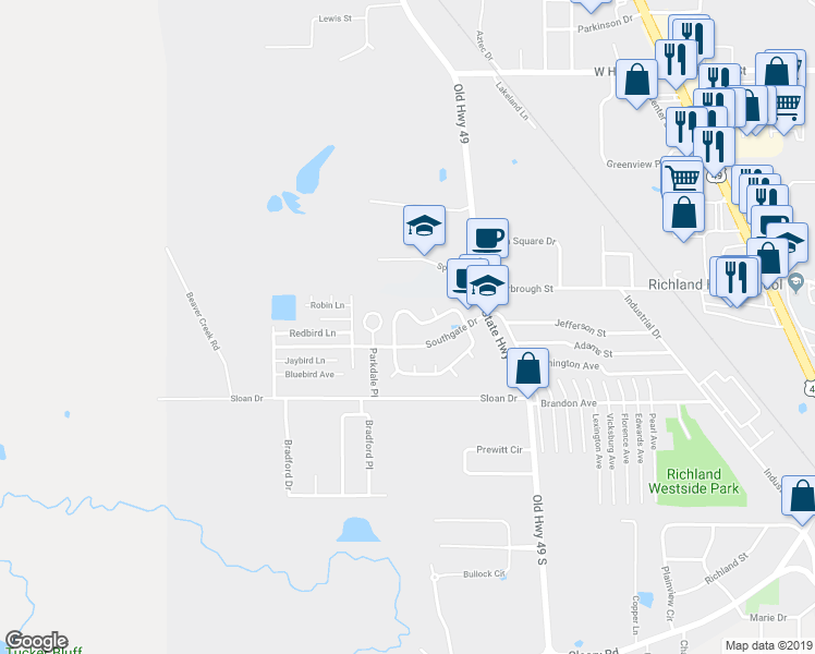 map of restaurants, bars, coffee shops, grocery stores, and more near 125 Southridge Road in Richland