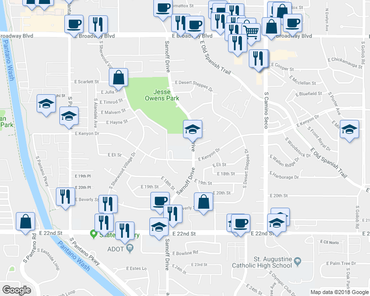 map of restaurants, bars, coffee shops, grocery stores, and more near 700 South Sarnoff Drive in Tucson