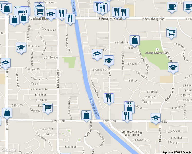 map of restaurants, bars, coffee shops, grocery stores, and more near 681 South Pantano Parkway in Tucson