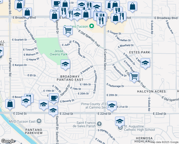 map of restaurants, bars, coffee shops, grocery stores, and more near 8533 E Cuin Pl in Tucson
