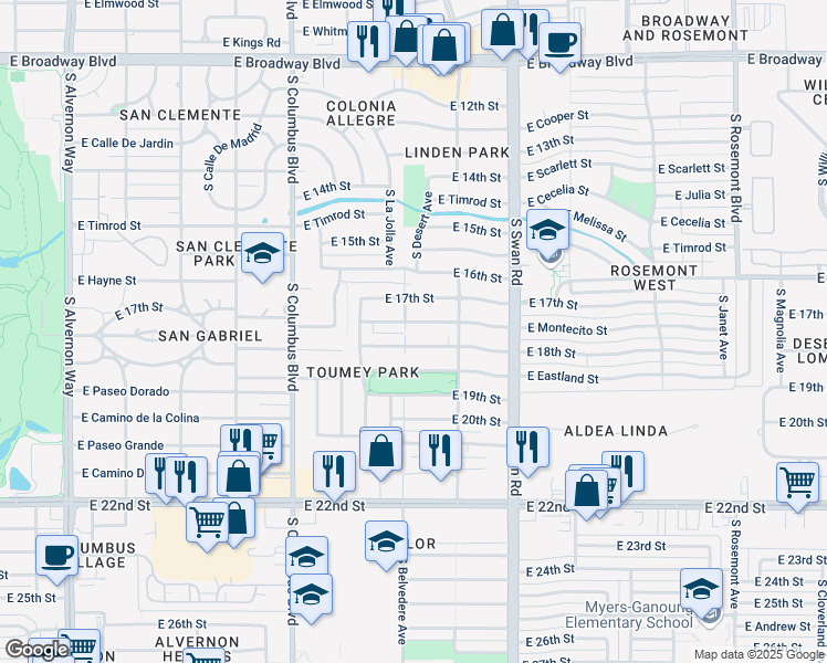 map of restaurants, bars, coffee shops, grocery stores, and more near 4503 East 18th Street in Tucson