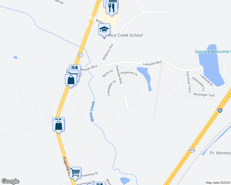 map of restaurants, bars, coffee shops, grocery stores, and more near 110 Parkside Boulevard in Port Wentworth