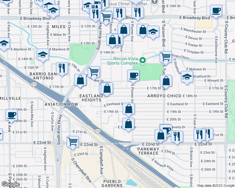 map of restaurants, bars, coffee shops, grocery stores, and more near 2023 E 18th St in Tucson