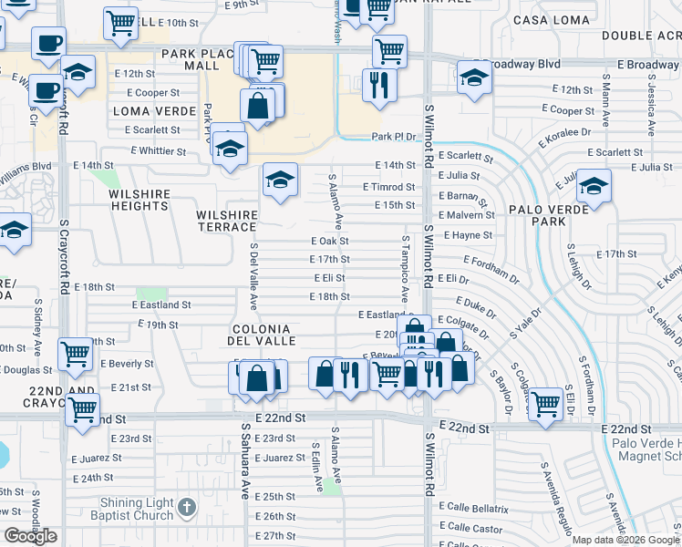 map of restaurants, bars, coffee shops, grocery stores, and more near 6061 East Eli Drive in Tucson