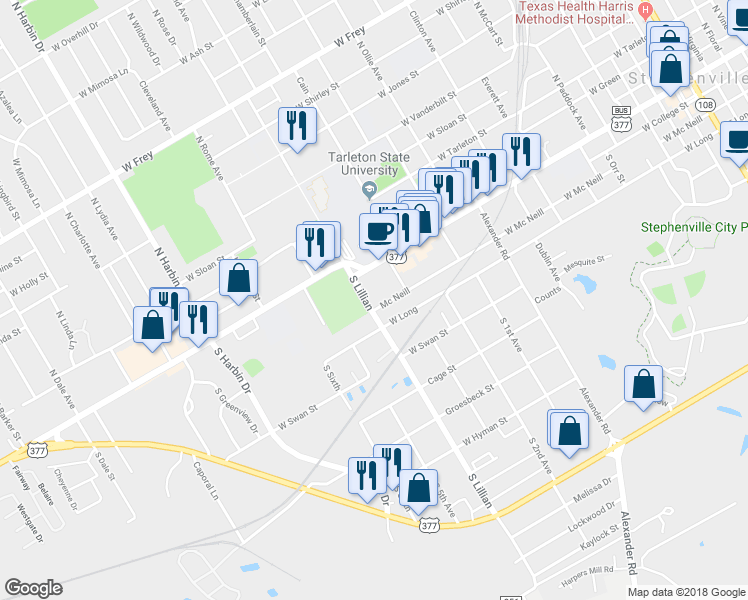 map of restaurants, bars, coffee shops, grocery stores, and more near 1490 West Mc Neill in Stephenville